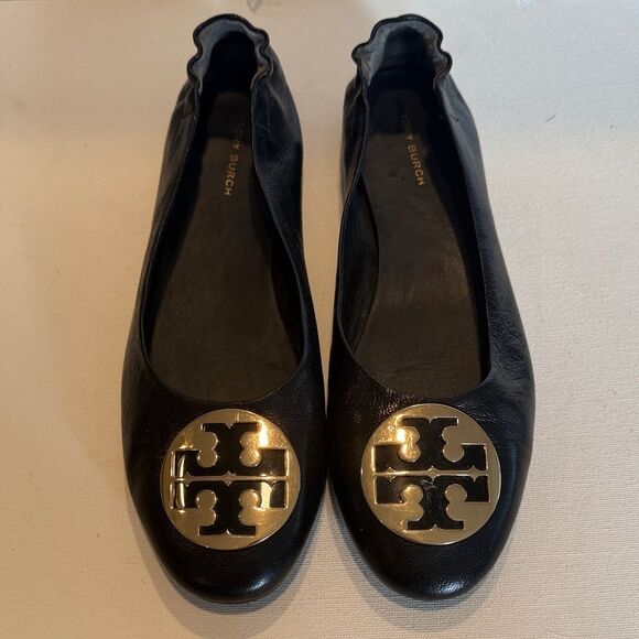 Tory Burch Shoes - Tory Burch Black Leather Ballet Flats with Gold Logo Medallion
